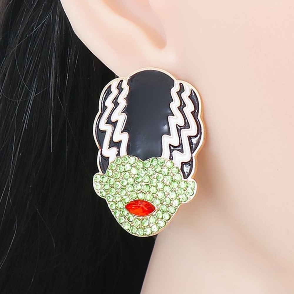 Frankenstein’s Bride Rhinestone Studded Halloween Earrings - Picture 4 of 9